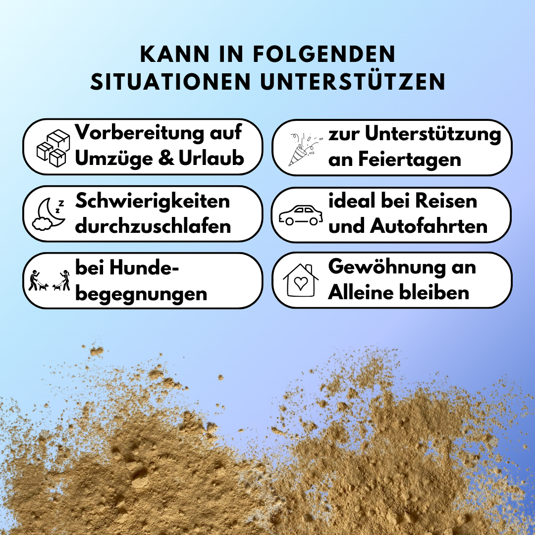 Beruhigungspulver für Hunde mit Taigawurzel, Baldrian, L-Tryptophan und Melisse (200g) Beruhigungspulver für Hunde mit Taigawurzel, Baldrian, L-Tryptophan und Melisse (200g)