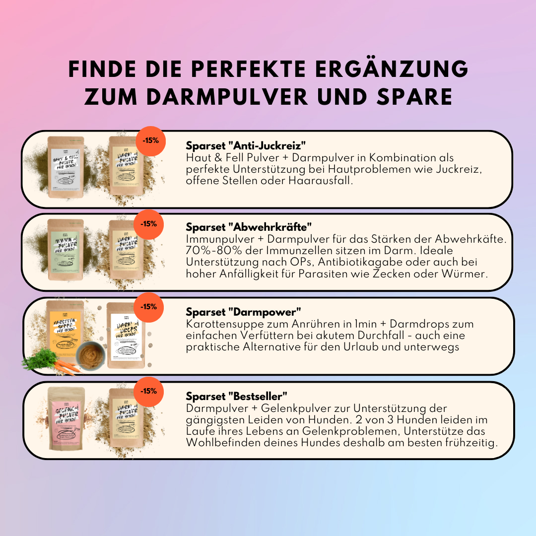 Darmpulver für Hunde mit Prä- & Probiotika, Anis, Kümmel und Flohsamenschalen (200g) Darmpulver für Hunde mit Prä- & Probiotika, Anis, Kümmel und Flohsamenschalen (200g)