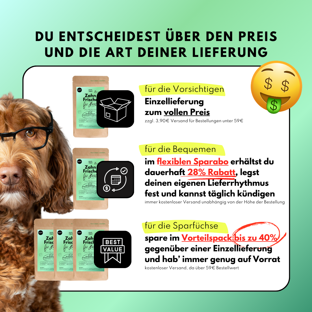 Zahn Frische (200g) für Hunde – Bei Maulgeruch, Zahnbelag & Zahnstein – Natürlich mit Pfefferminze & Thymian Zahn Frische (200g) für Hunde – Bei Maulgeruch, Zahnbelag & Zahnstein – Natürlich mit Pfefferminze & Thymian