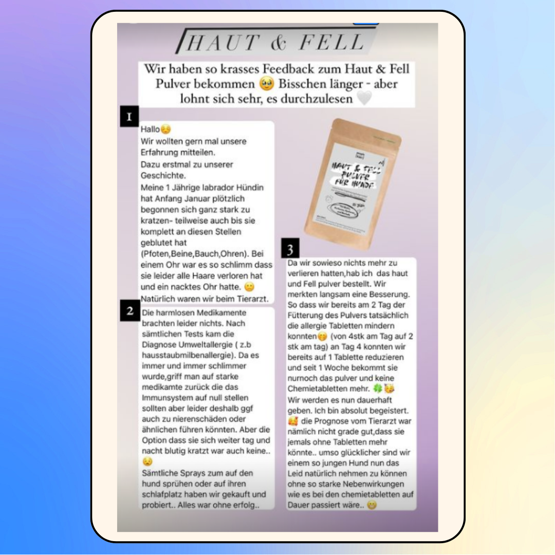 Haut & Fell Pulver für Hunde mit Biotin, Kurkuma, Hyaluron & Bierhefe (200g) Haut & Fell Pulver für Hunde mit Biotin, Kurkuma, Hyaluron & Bierhefe (200g)
