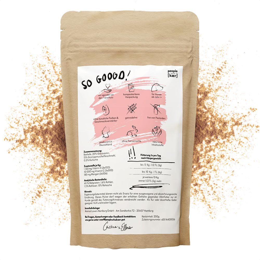 Gelenkpulver für Hunde mit Glucosamin, Grünlippmuschel & Kurkuma (200g) Gelenkpulver für Hunde mit Glucosamin, Grünlippmuschel & Kurkuma (200g)