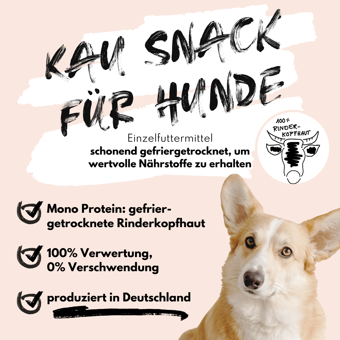 Kau Snack aus 100% gefriergetrockneter Rinderkopfhaut (170g)